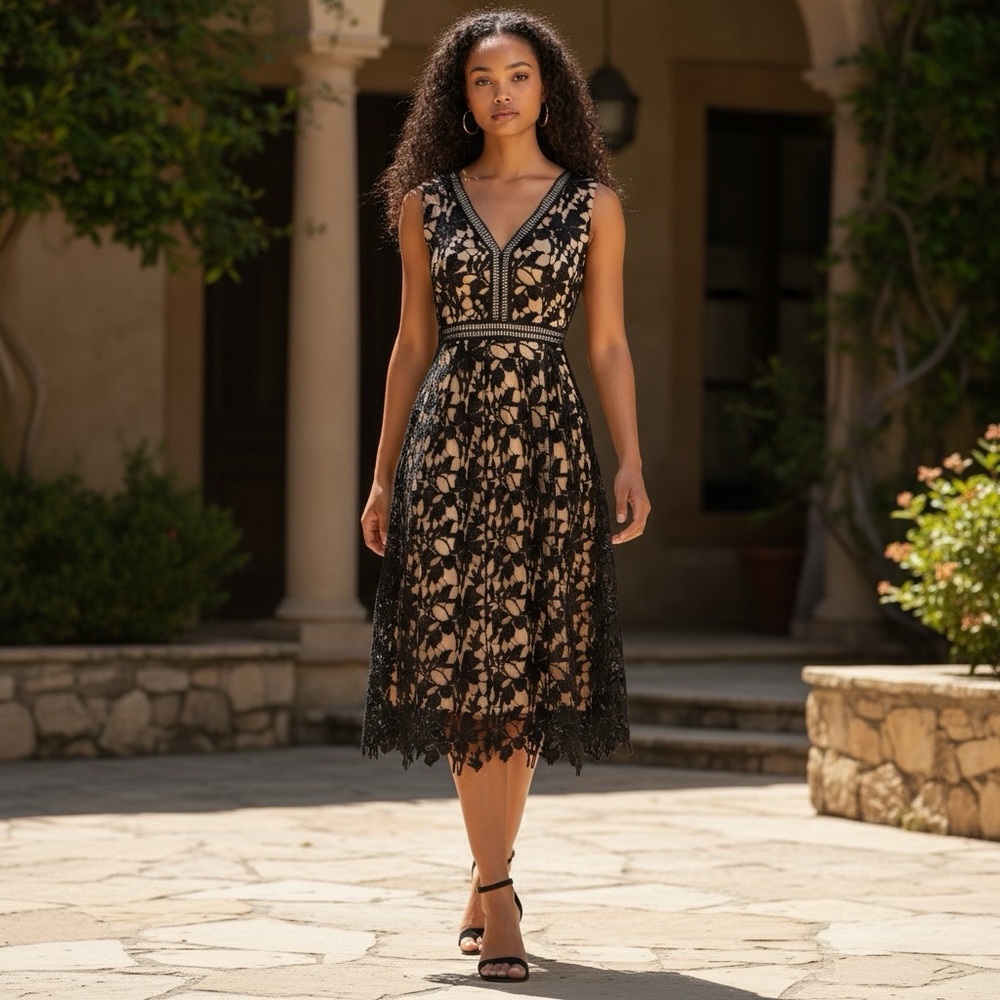 NWT Romeo & Juliet Couture Black Crochet Lace Midi Dress Size M